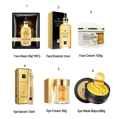 Skincare Set Niacinamide Cleanser 24K Gold Serum Hyaluronic Acid Mask Fade Dark Eye Circles Eye Cream Korean Skin Care Products China SET 1-6