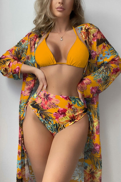 Split Mesh Blouse Printed Bikini Swimsuit Women's Three-piece Suit Bathing Suit Swimwear Women High Waist Swimsuit With Skirt Orange