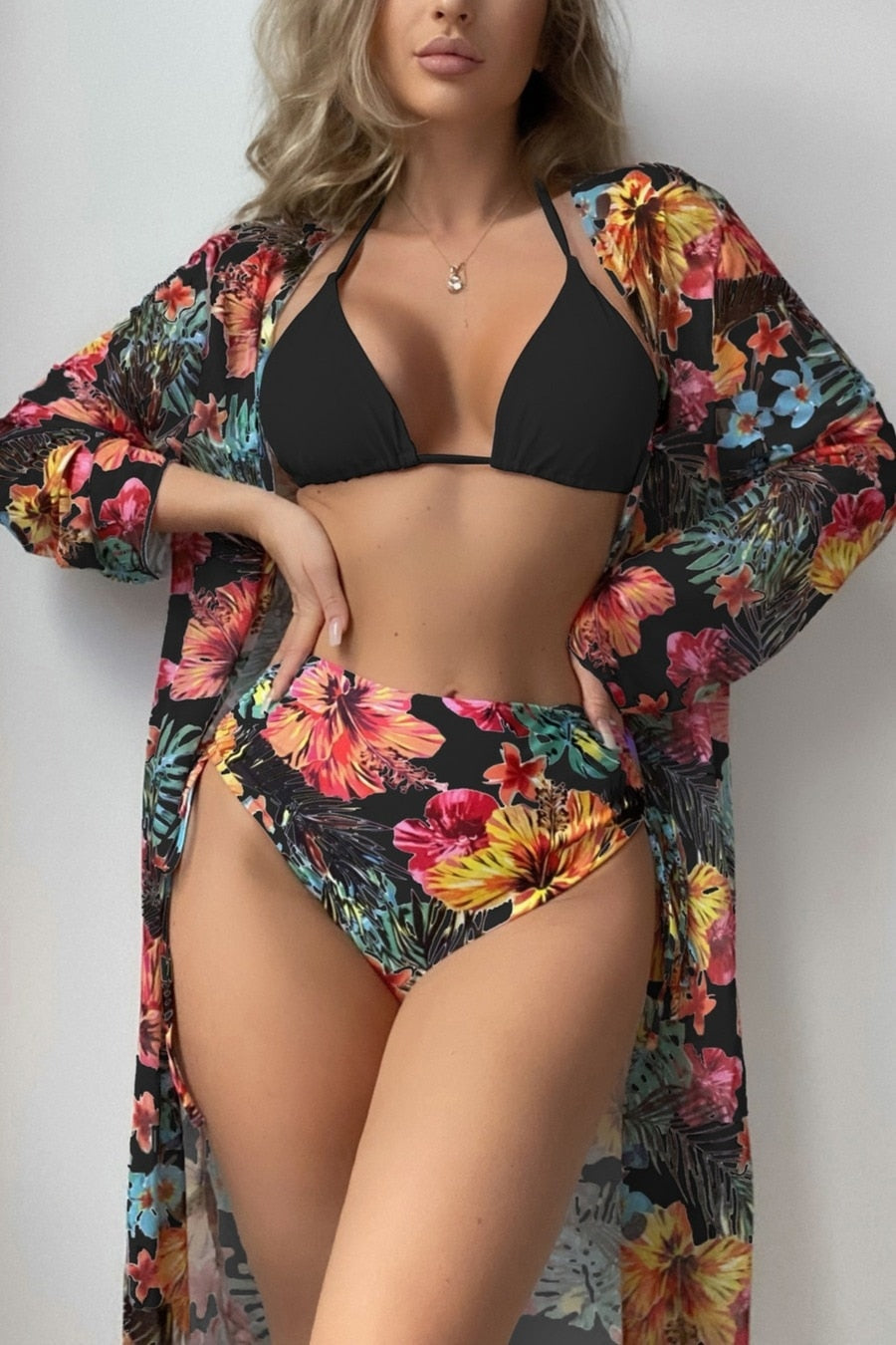 Split Mesh Blouse Printed Bikini Swimsuit Women's Three-piece Suit Bathing Suit Swimwear Women High Waist Swimsuit With Skirt Black