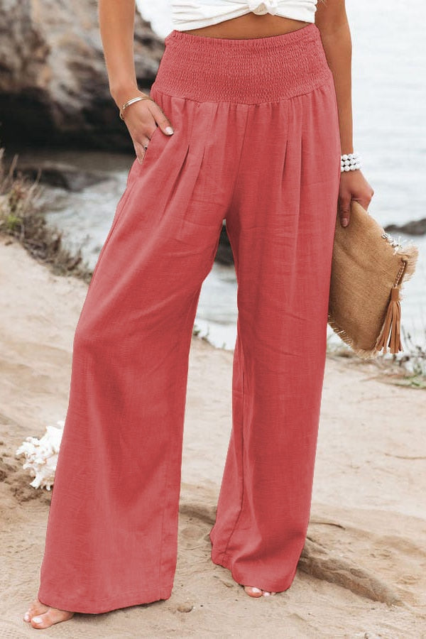 Spring Summer for Women New Women Pants Office Lady Cotton Linen Pockets Solid Loose Casual White Wide Leg Long Trousers Orange Red