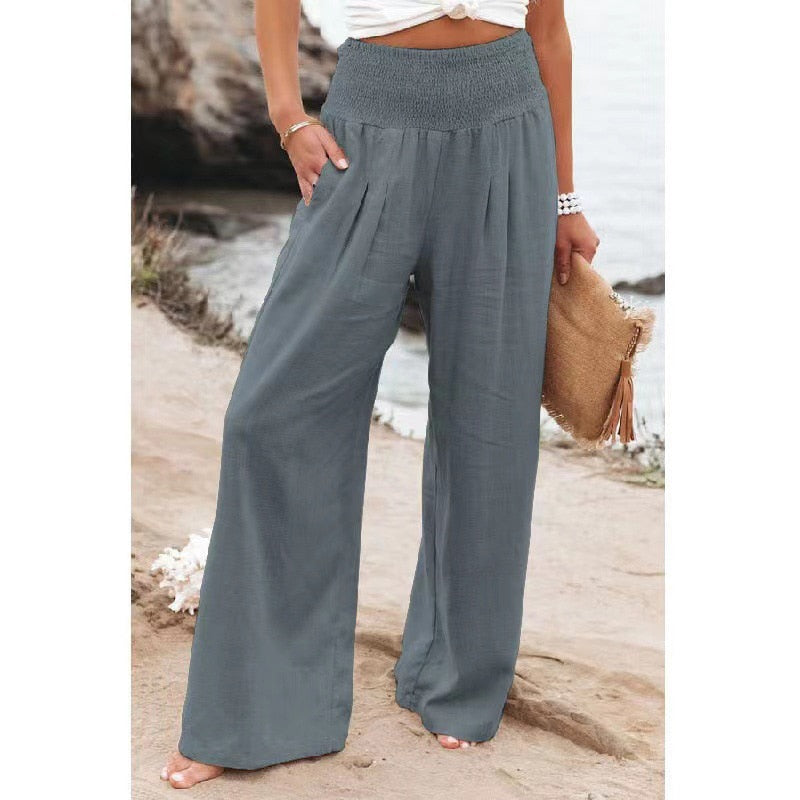 Spring Summer for Women New Women Pants Office Lady Cotton Linen Pockets Solid Loose Casual White Wide Leg Long Trousers
