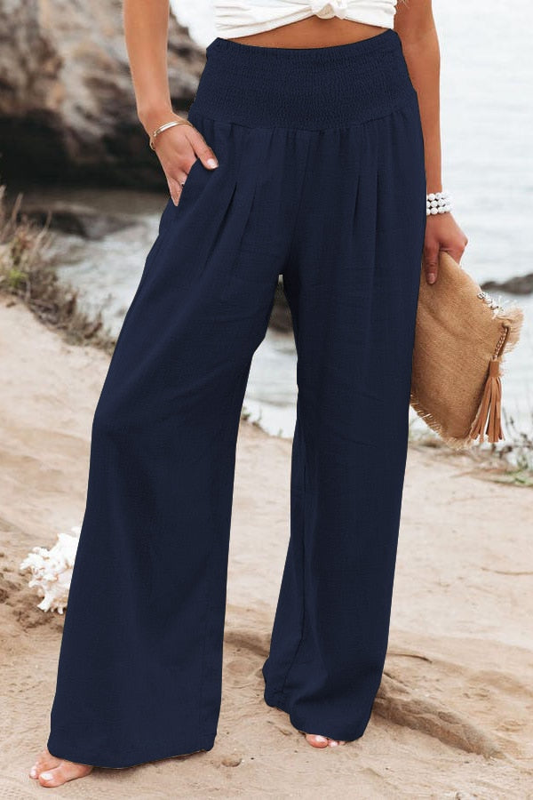 Spring Summer for Women New Women Pants Office Lady Cotton Linen Pockets Solid Loose Casual White Wide Leg Long Trousers Navy Blue