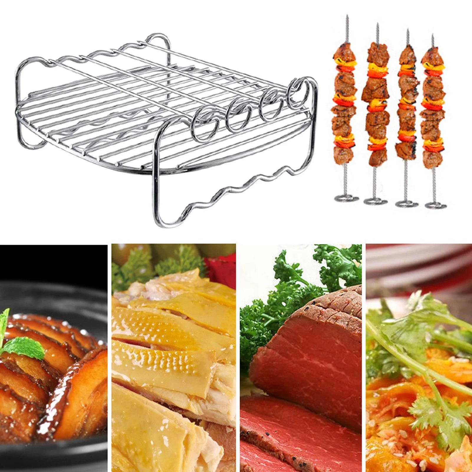 Stainless Steel Airfryers Double Layer Rack Versatile Round Roasting Rack Grill Rack With Skewers Baking Tray AirFryers Holder