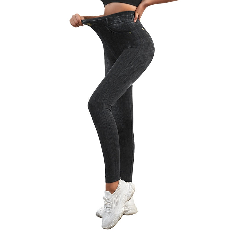Stretch Well Fitness Fake Pockets High Waist Leggings Faux Denim Jeans Sexy Elastic Jeggings Soft Casual Thin Pencil Pants Black