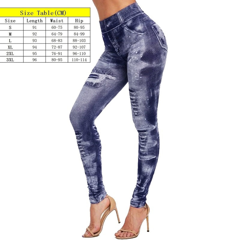 Stretch Well Fitness Fake Pockets High Waist Leggings Faux Denim Jeans Sexy Elastic Jeggings Soft Casual Thin Pencil Pants style 2