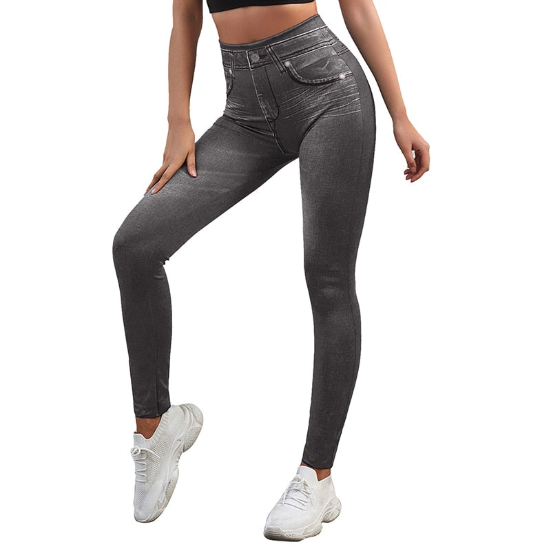 Stretch Well Fitness Fake Pockets High Waist Leggings Faux Denim Jeans Sexy Elastic Jeggings Soft Casual Thin Pencil Pants Gray