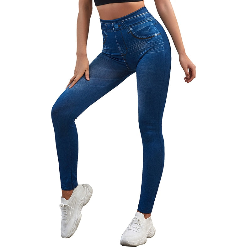 Stretch Well Fitness Fake Pockets High Waist Leggings Faux Denim Jeans Sexy Elastic Jeggings Soft Casual Thin Pencil Pants Blue