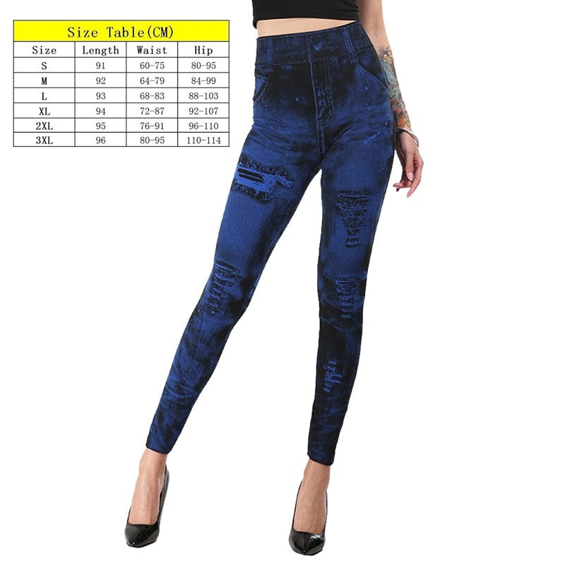 Stretch Well Fitness Fake Pockets High Waist Leggings Faux Denim Jeans Sexy Elastic Jeggings Soft Casual Thin Pencil Pants style 7