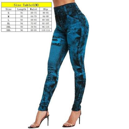 Stretch Well Fitness Fake Pockets High Waist Leggings Faux Denim Jeans Sexy Elastic Jeggings Soft Casual Thin Pencil Pants style 1