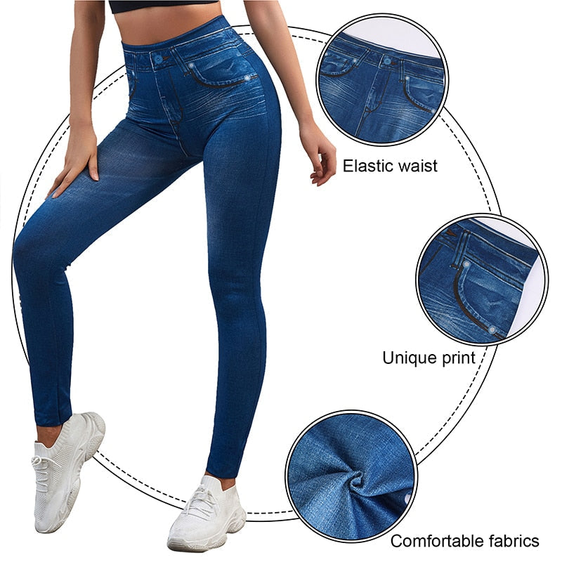 Stretch Well Fitness Fake Pockets High Waist Leggings Faux Denim Jeans Sexy Elastic Jeggings Soft Casual Thin Pencil Pants