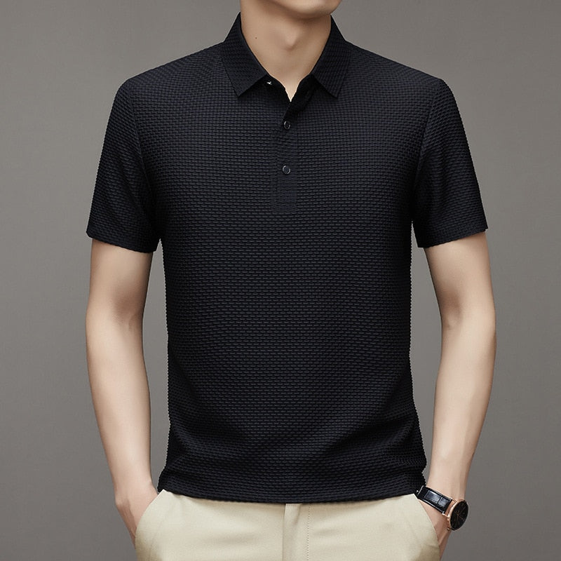 Summer New Men's Lop-up Hollow Fashion Short-sleeved Breathable Polo Shirt Silk Business T-Shirt Male Brand Clothes