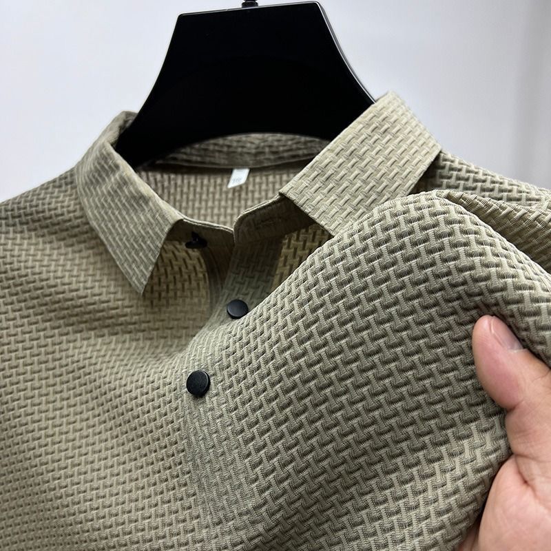 Summer New Men's Lop-up Hollow Fashion Short-sleeved Breathable Polo Shirt Silk Business T-Shirt Male Brand Clothes Khaki