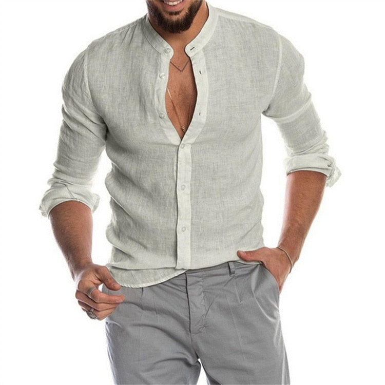 Summer New Men's Solid Color Linen Casual Shirt Cardigan Long Sleeve Thin And Breathable Shirts grey