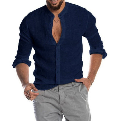 Summer New Men's Solid Color Linen Casual Shirt Cardigan Long Sleeve Thin And Breathable Shirts navy blue
