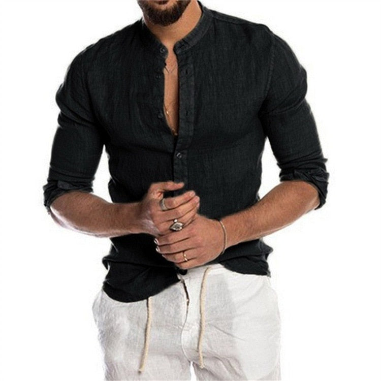 Summer New Men's Solid Color Linen Casual Shirt Cardigan Long Sleeve Thin And Breathable Shirts black