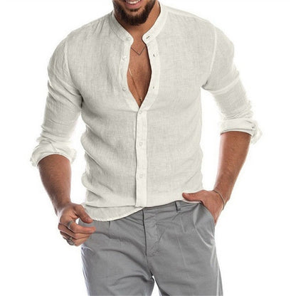 Summer New Men's Solid Color Linen Casual Shirt Cardigan Long Sleeve Thin And Breathable Shirts White