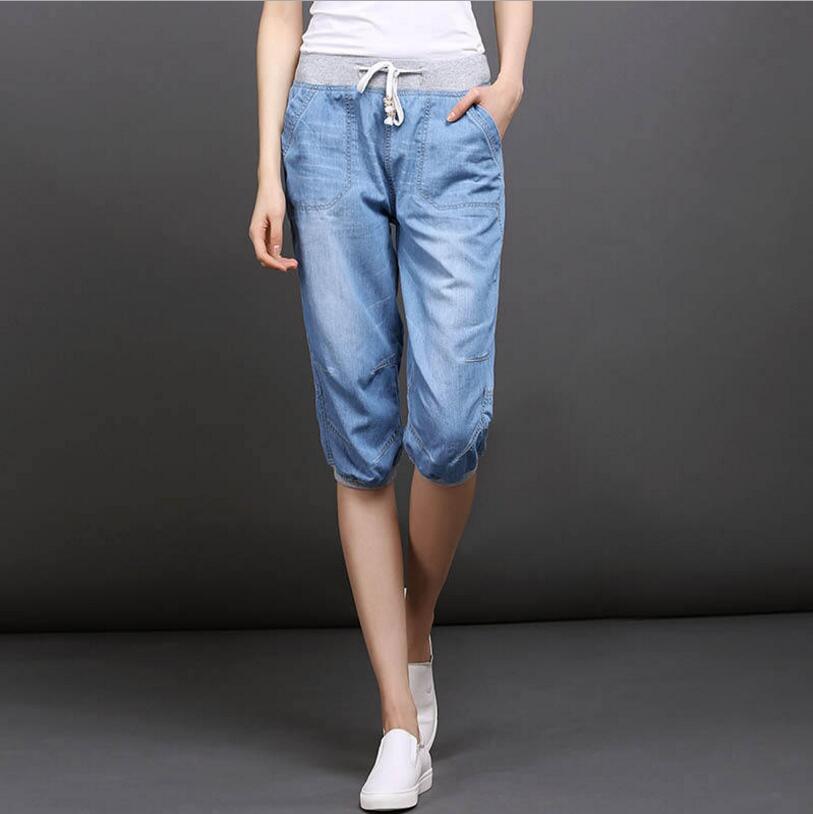 Summer Styles Jeans For Women calf-Length Pants Elastic High Waist Loose Harem Pants Fashion Slim Jeans Plus Size 4XL Sky Blue