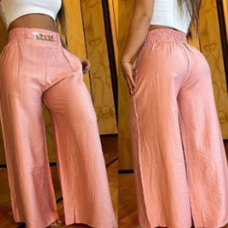 Summer Waist Wide Leg Straight Pants Women Chain High Casual Pocket Design Elegant Vacation Long Pants Streetwear Loose Trousers Pink