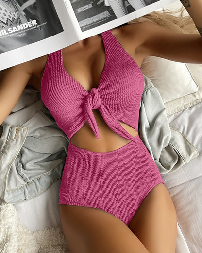 Swimsuit 2023 New Summer Sexy Women Pure Color Bikini Hollow Backless One Piece Bow Tie Brazilian Biquini Bathing Suit Swimwear Rose Red