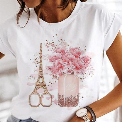 T-shirts Women Clothing Sweet Wine Print Girl 90s Cartoon Printing Clothes Graphic Tshirt Top Lady Print Female Tee T-Shirt 1