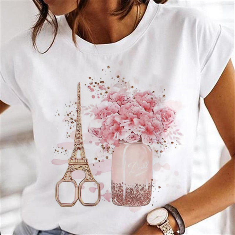 T-shirts Women Clothing Sweet Wine Print Girl 90s Cartoon Printing Clothes Graphic Tshirt Top Lady Print Female Tee T-Shirt