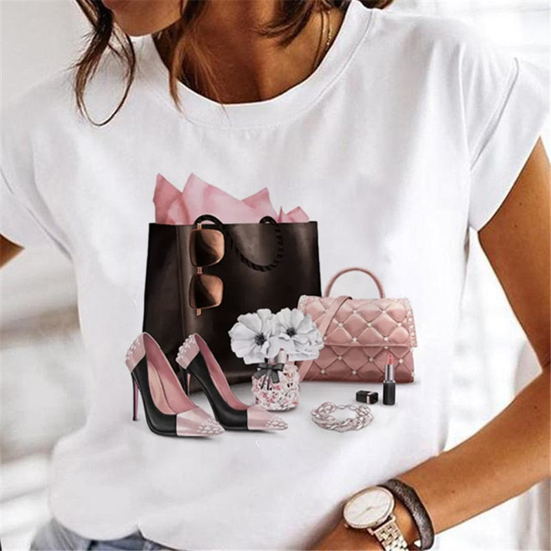 T-shirts Women Clothing Sweet Wine Print Girl 90s Cartoon Printing Clothes Graphic Tshirt Top Lady Print Female Tee T-Shirt