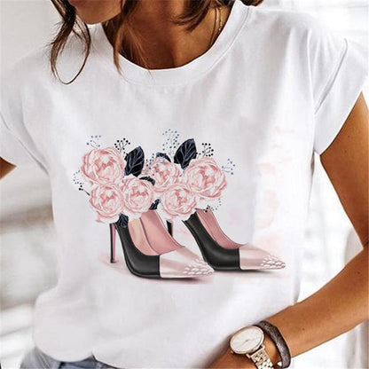 T-shirts Women Clothing Sweet Wine Print Girl 90s Cartoon Printing Clothes Graphic Tshirt Top Lady Print Female Tee T-Shirt