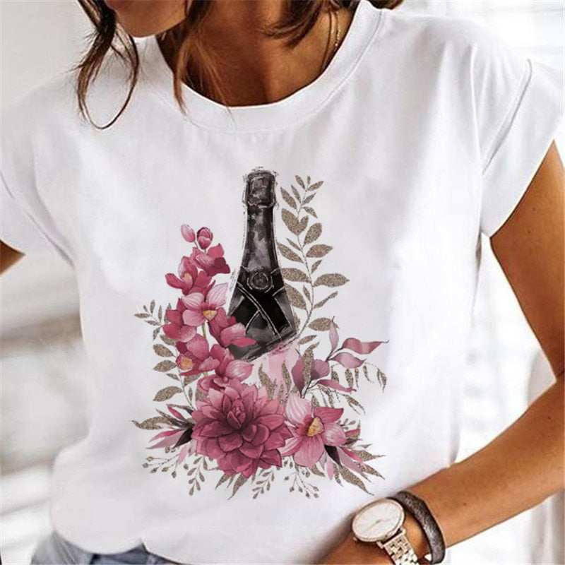 T-shirts Women Clothing Sweet Wine Print Girl 90s Cartoon Printing Clothes Graphic Tshirt Top Lady Print Female Tee T-Shirt