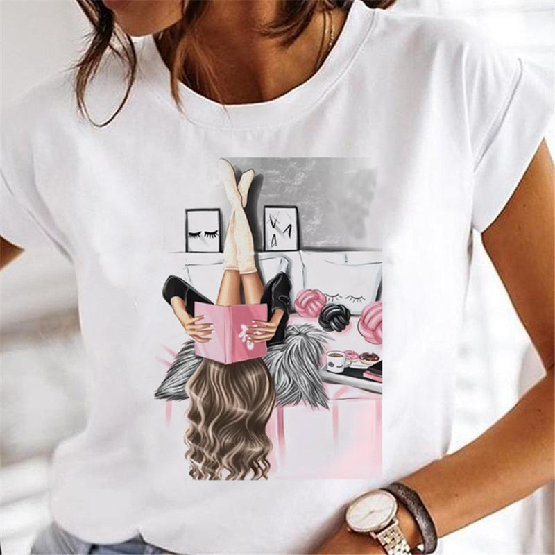 T-shirts Women Clothing Sweet Wine Print Girl 90s Cartoon Printing Clothes Graphic Tshirt Top Lady Print Female Tee T-Shirt