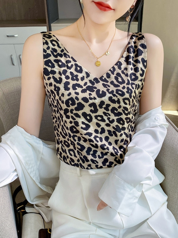 Tank Top Women Summer Leopard Artificial Silk Satin Thin Smooth Camis V-Neck Spaghetti Straps Backless Zebra Print Silky