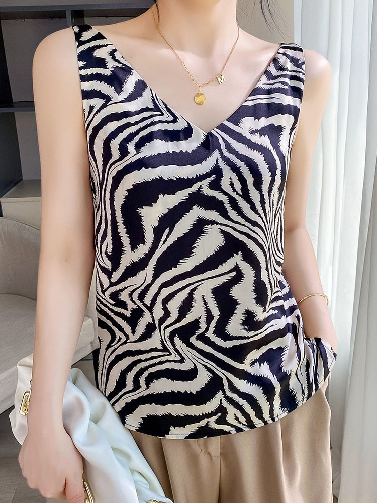 Tank Top Women Summer Leopard Artificial Silk Satin Thin Smooth Camis V-Neck Spaghetti Straps Backless Zebra Print Silky