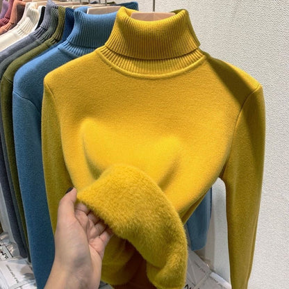 Turtleneck Winter Sweater Women Elegant Thicken Velvet Lined Warm Sueter Knitted Pullover Slim Tops Jersey Knitwear Jumper New yellow