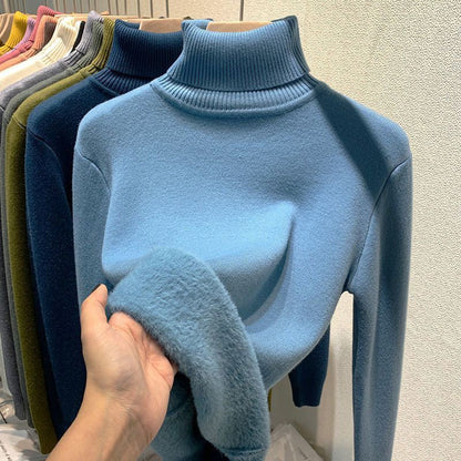 Turtleneck Winter Sweater Women Elegant Thicken Velvet Lined Warm Sueter Knitted Pullover Slim Tops Jersey Knitwear Jumper New blue