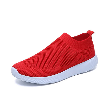 VIP Knitted Sneakers for Women Autumn Slip on Breathable Mesh Casual Shoes Woman Flat Heels Plus Size Loafers Zapatos Mujer 831red