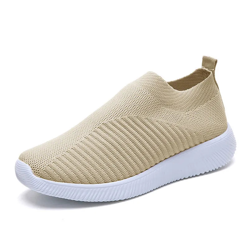 VIP Knitted Sneakers for Women Autumn Slip on Breathable Mesh Casual Shoes Woman Flat Heels Plus Size Loafers Zapatos Mujer 826khaki