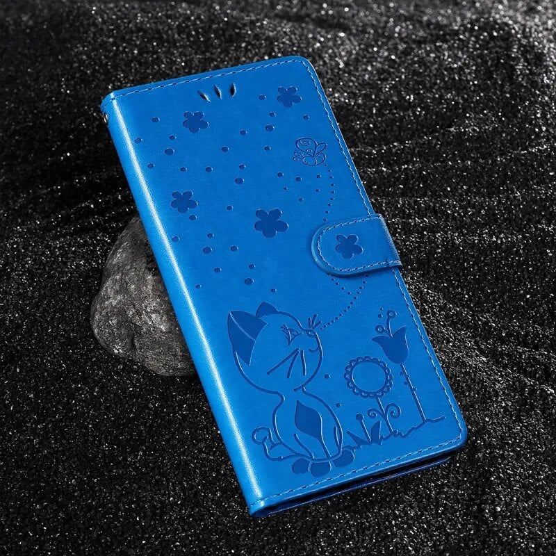 Wallet Cat And Bee Embossed Leather Cover For Redmi A2 Lite Xiaomi 13 Pro 12 Pro 12T 11T 10 Pro Cover Blue