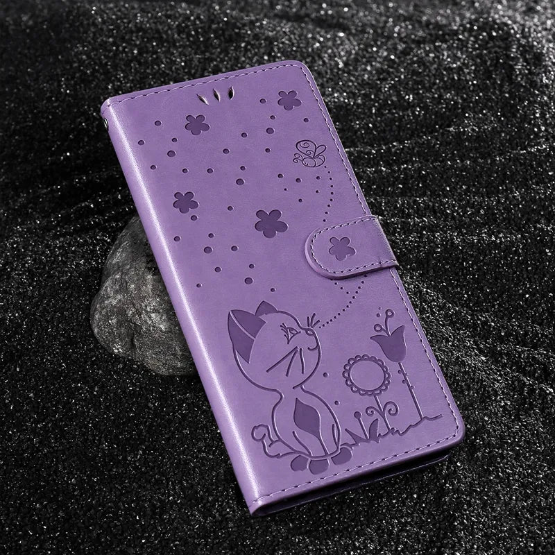 Wallet Cat And Bee Embossed Leather Cover For Redmi A2 Lite Xiaomi 13 Pro 12 Pro 12T 11T 10 Pro Cover Purple