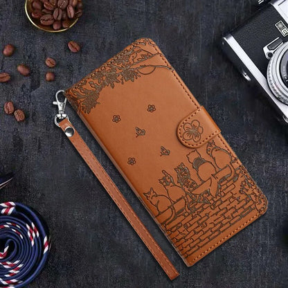 Wallet Cat Embossed Flip Over Leather Case For Xiaomi Poco X5 M4 Pro Brown