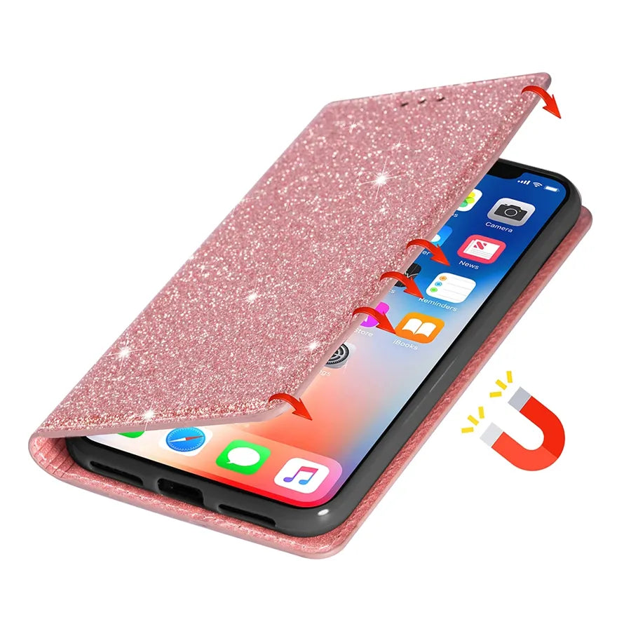 Wallet Glitter Leather Case For Xiaomi Redmi Note 12S 11 Pro 11S 10 Pro 9 Pro 8 12C 10C 9A 9C 9T Poco X5 Pro 11T 12T Pro 13 Lite