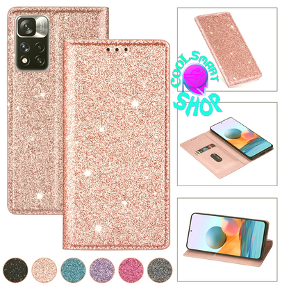 Wallet Glitter Leather Case For Xiaomi Redmi Note 12S 11 Pro 11S 10 Pro 9 Pro 8 12C 10C 9A 9C 9T Poco X5 Pro 11T 12T Pro 13 Lite