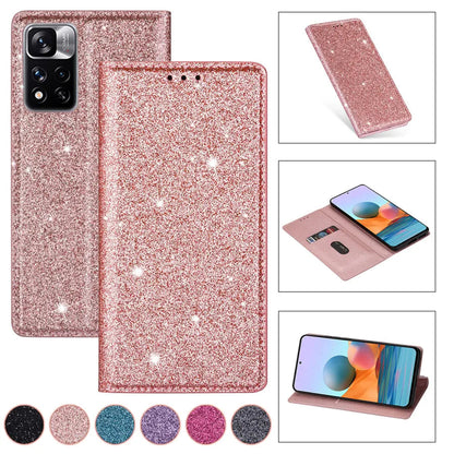 Wallet Glitter Leather Case For Xiaomi Redmi Note 12S 11 Pro 11S 10 Pro 9 Pro 8 12C 10C 9A 9C 9T Poco X5 Pro 11T 12T Pro 13 Lite