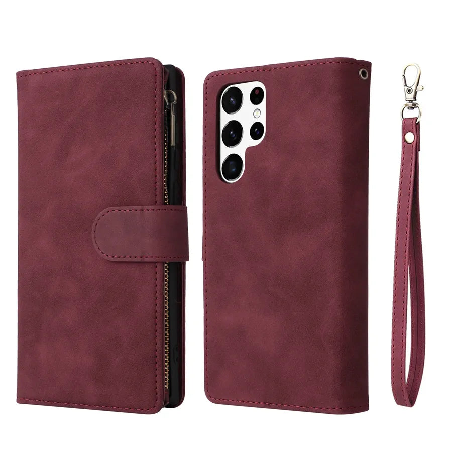 Wallet Multi-card Zipper Leather Case For Samsung Galaxy S23 Ultra S22 S21 Ultra S20 FE S10 S9 S8 Plus Note 20 Ultra 10 Lite 9