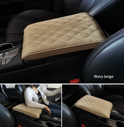 Wave Embroider PU Leather Car Armrest Mat Center Console Arm Rest Protection Cushion Auto Armrests Storage Box Cover Pad Beige