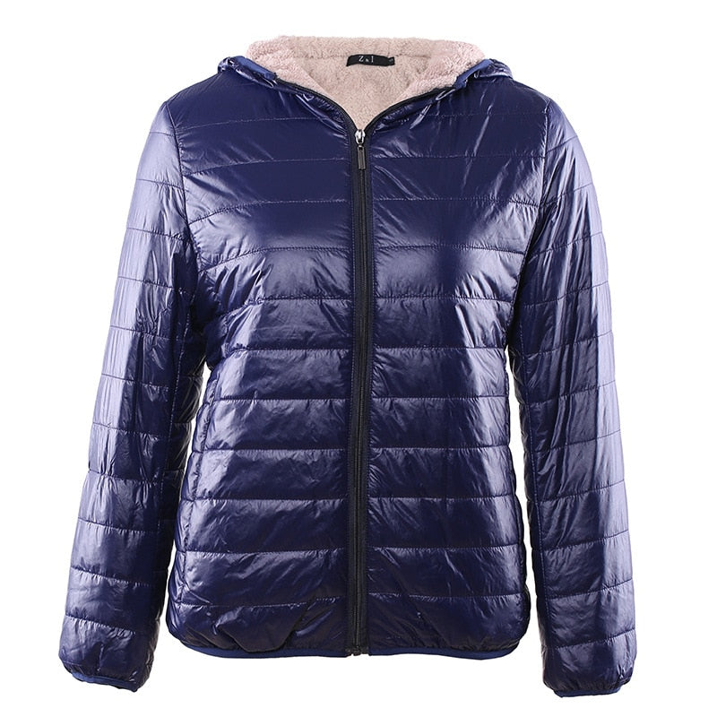Winter New Hooded Female Coat Fleece Warm Europe Slim Long sleeve Black Women's Cotton Coat Jacket Navy Blue