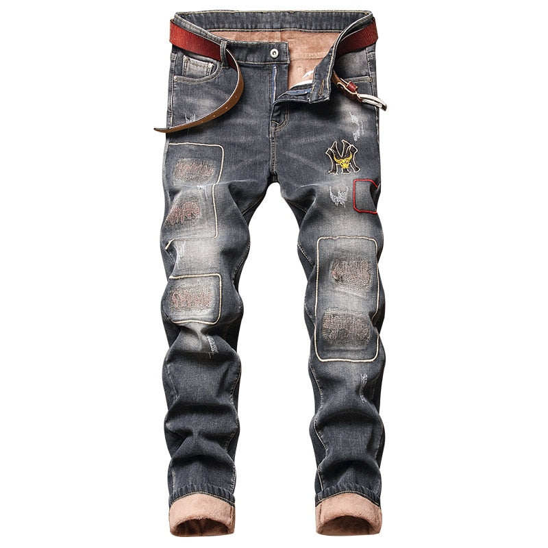 Winter Warm Jeans For Men Plus Velvet Hip Hop Streetwear Ripped Moto Bike Straight With Hole Fashion Trousers NO BELT 816 G