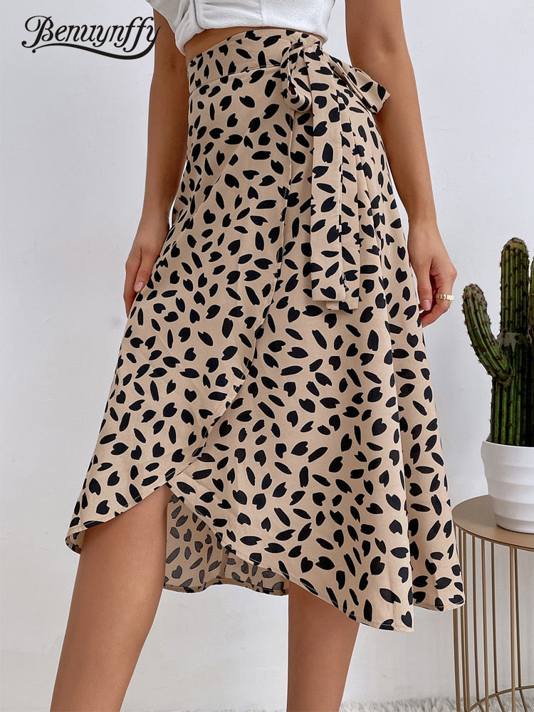 Women Casual Print Tie Side Wrap Skirt Elegant High Waist Female Summer Asymmetrical Knee Length A-Line Skirts