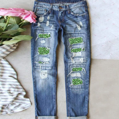 Women Casual Streetwear Jeans Female Ripped Hole Patch Trousers Pockets Bottoms Women Denim Pants 1 size runs large