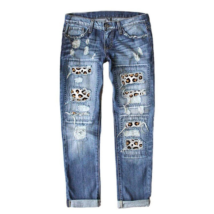 Women Casual Streetwear Jeans Female Ripped Hole Patch Trousers Pockets Bottoms Women Denim Pants O3 size runs large