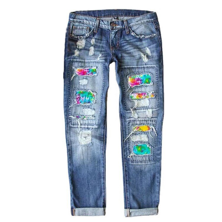 Women Casual Streetwear Jeans Female Ripped Hole Patch Trousers Pockets Bottoms Women Denim Pants O6 size runs large