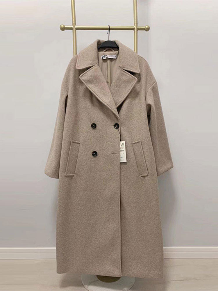 Women Elegant Double Breasted Woolen Coat Spring Fashion Chic Lapel Overcoat Office Ladies Solid Cashmere Long Outerwear Beige China